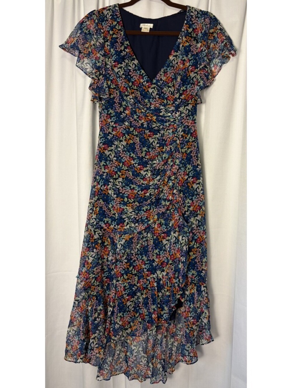 Shoshanna Floral Silk Ruffle Gathered Ruched Flutter Sleeve Midi Dress Size 2